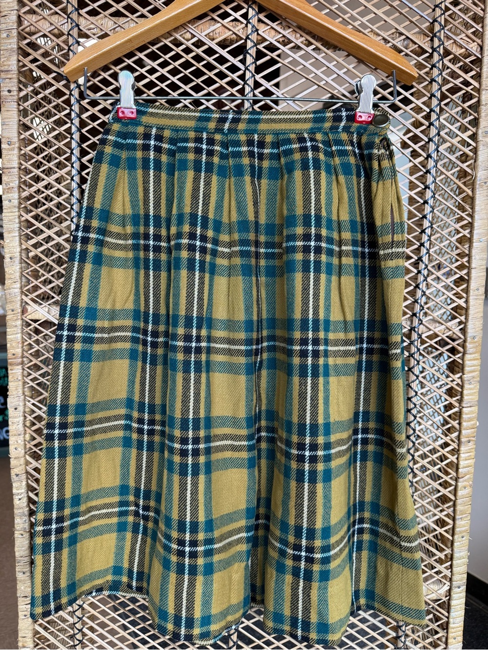 Plaid Wool Blend Midi Skirt Mustard Teal High Waist Cottagecore Vntg Handmade - Picture 6 of 11